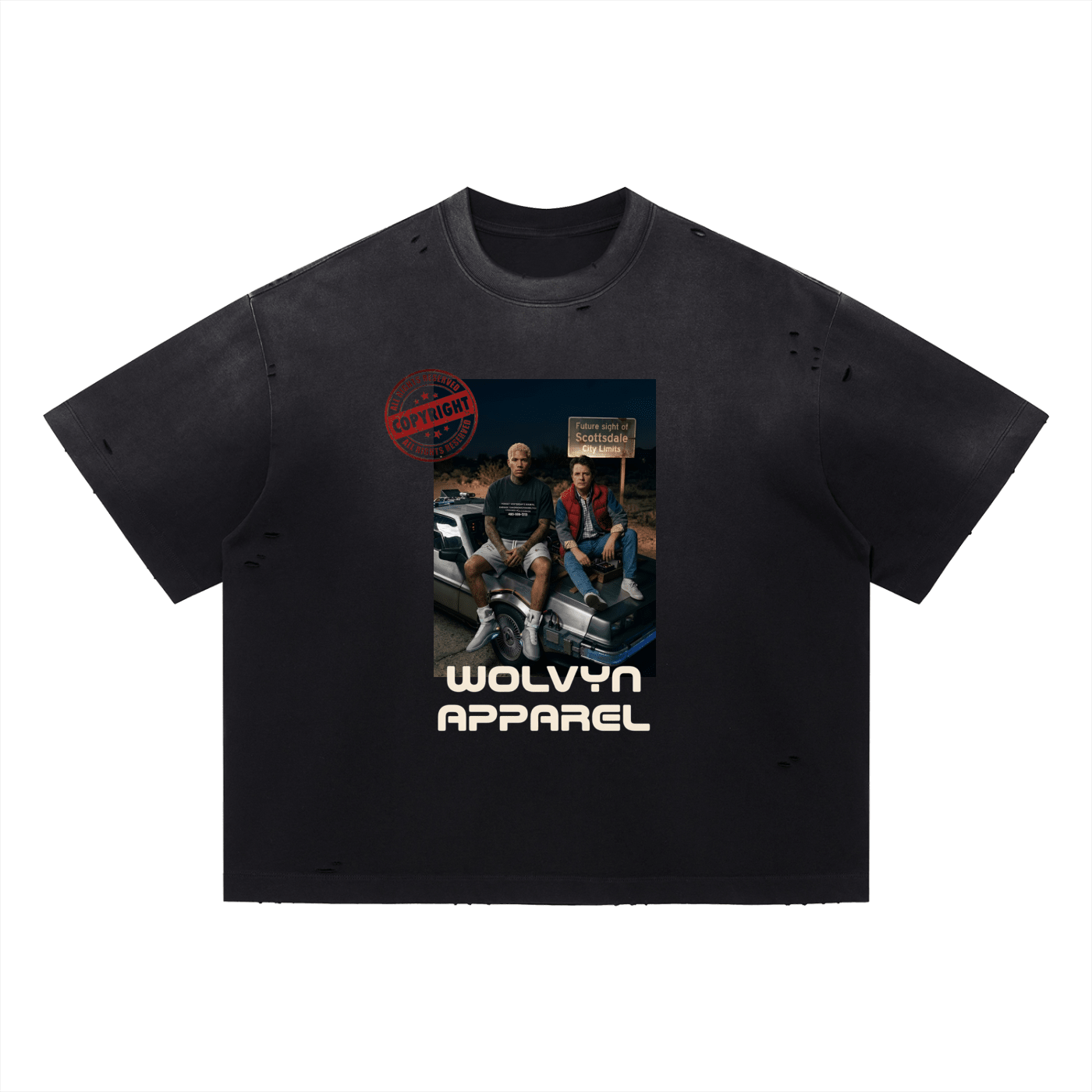 Black oversized distressed t-shirt with front graphic print of two men sitting on a car, text reads Wolvyn Apparel.