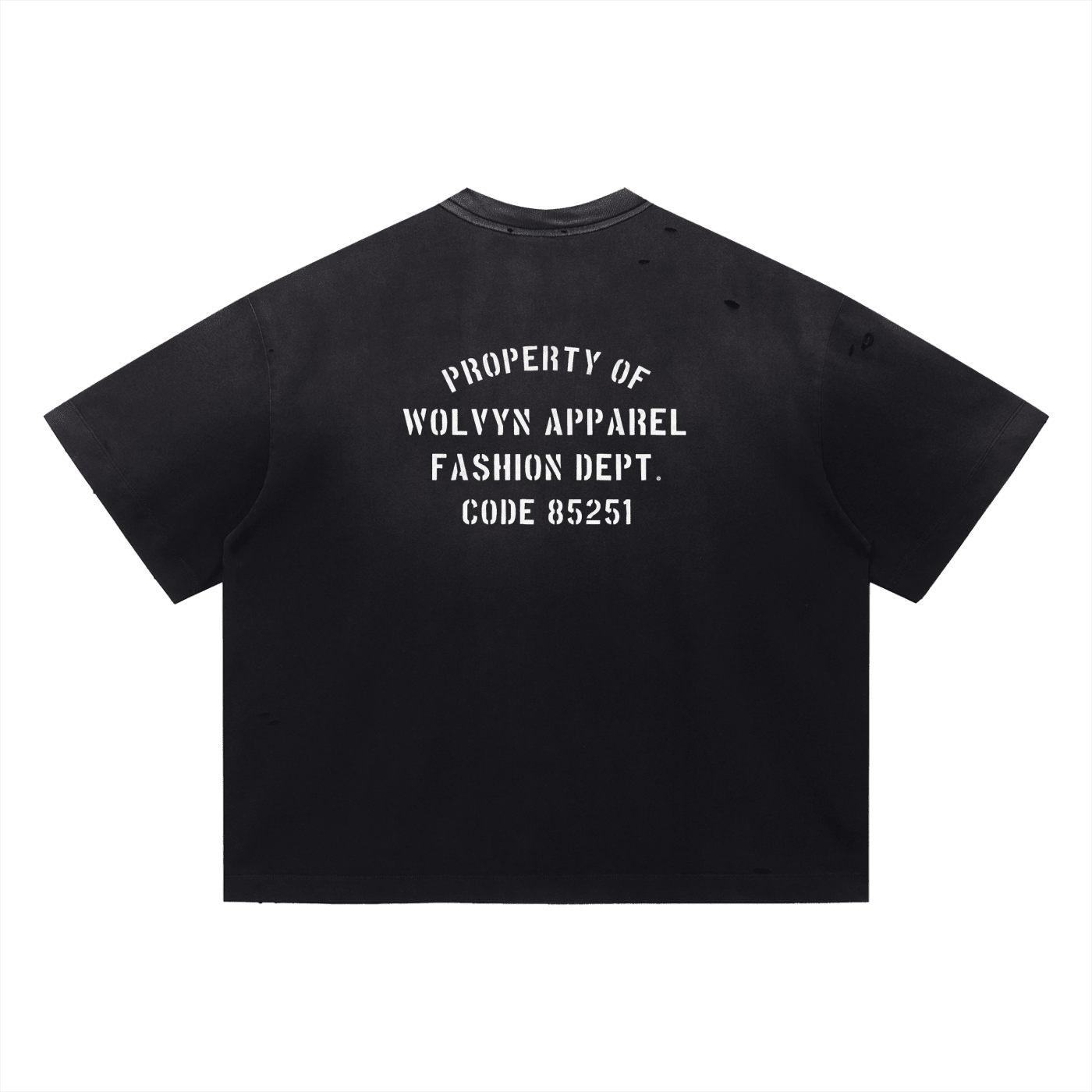 Black distressed oversized t-shirt with bold white stencil text on the back.