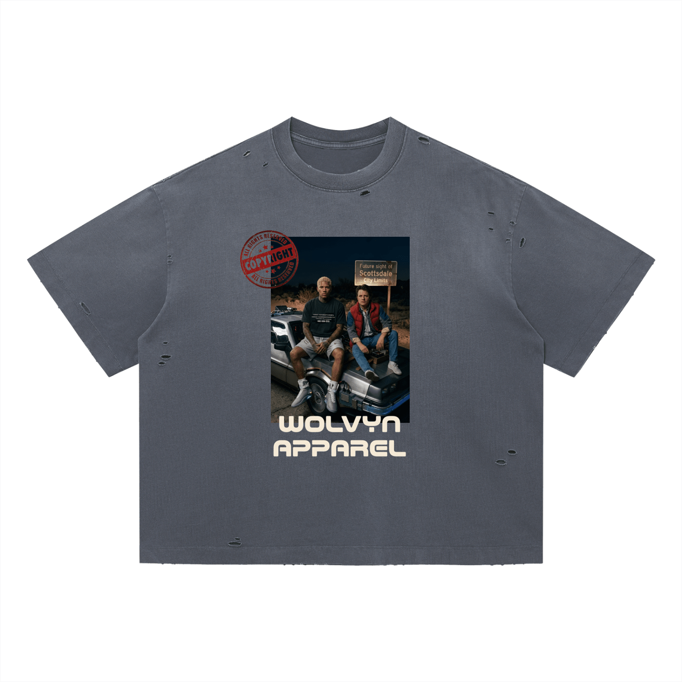Distressed vintage-washed oversized t-shirt with graphic of two men on a car and bold text