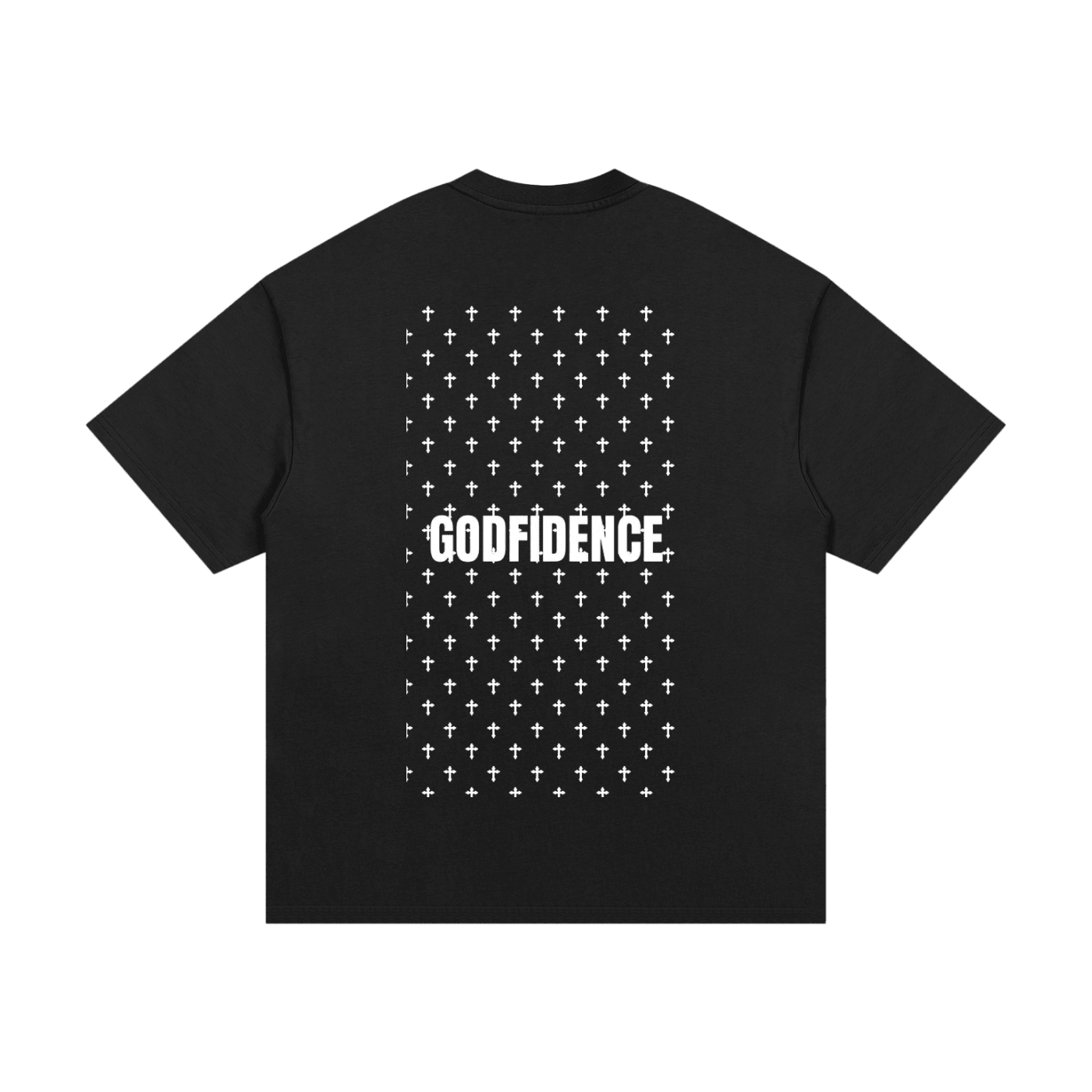 Black heavyweight cotton t-shirt with GODFIDENCE text and white cross pattern on the back.