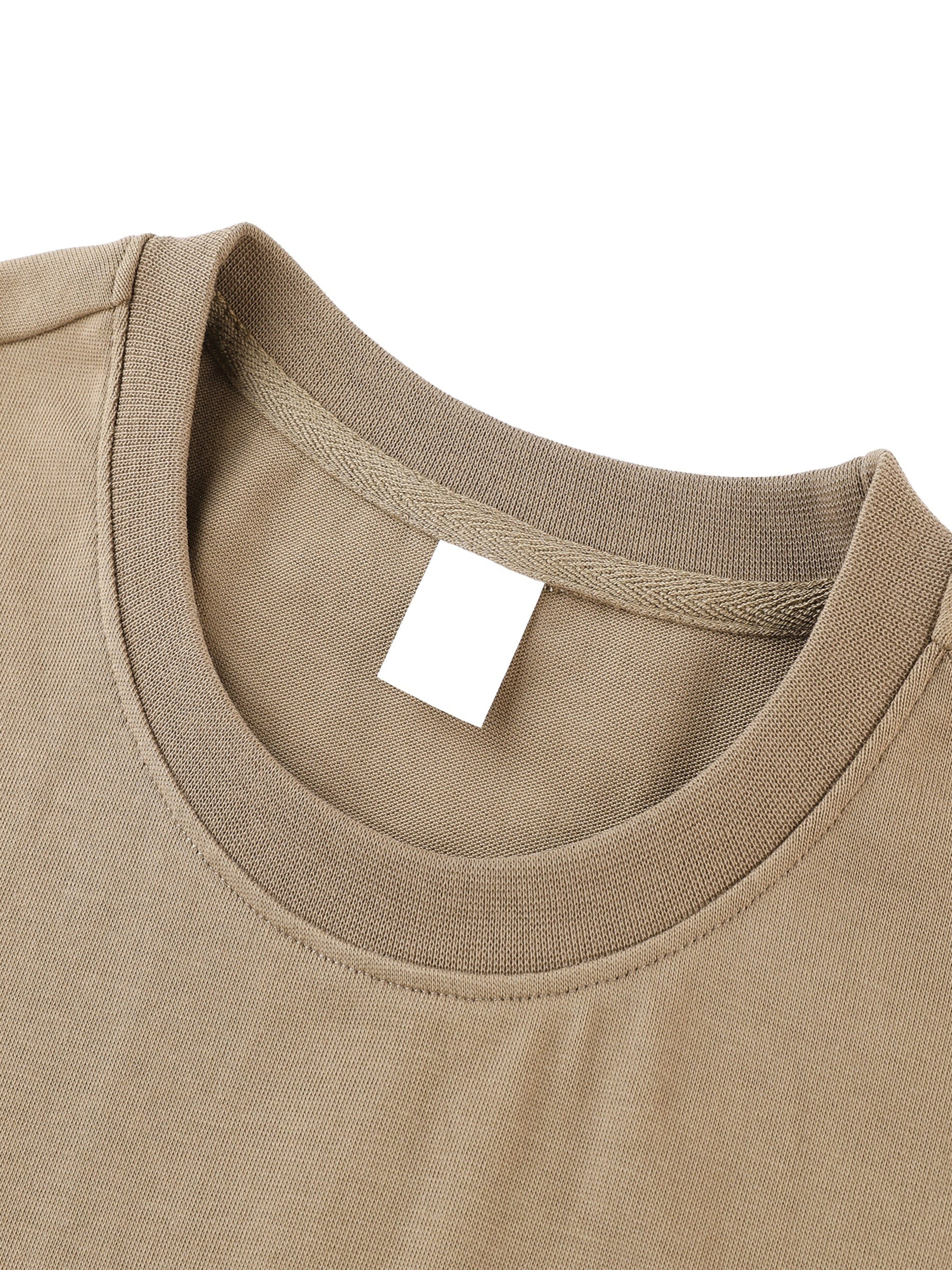 Close-up of heavyweight cotton beige t-shirt crew neck with blank tag