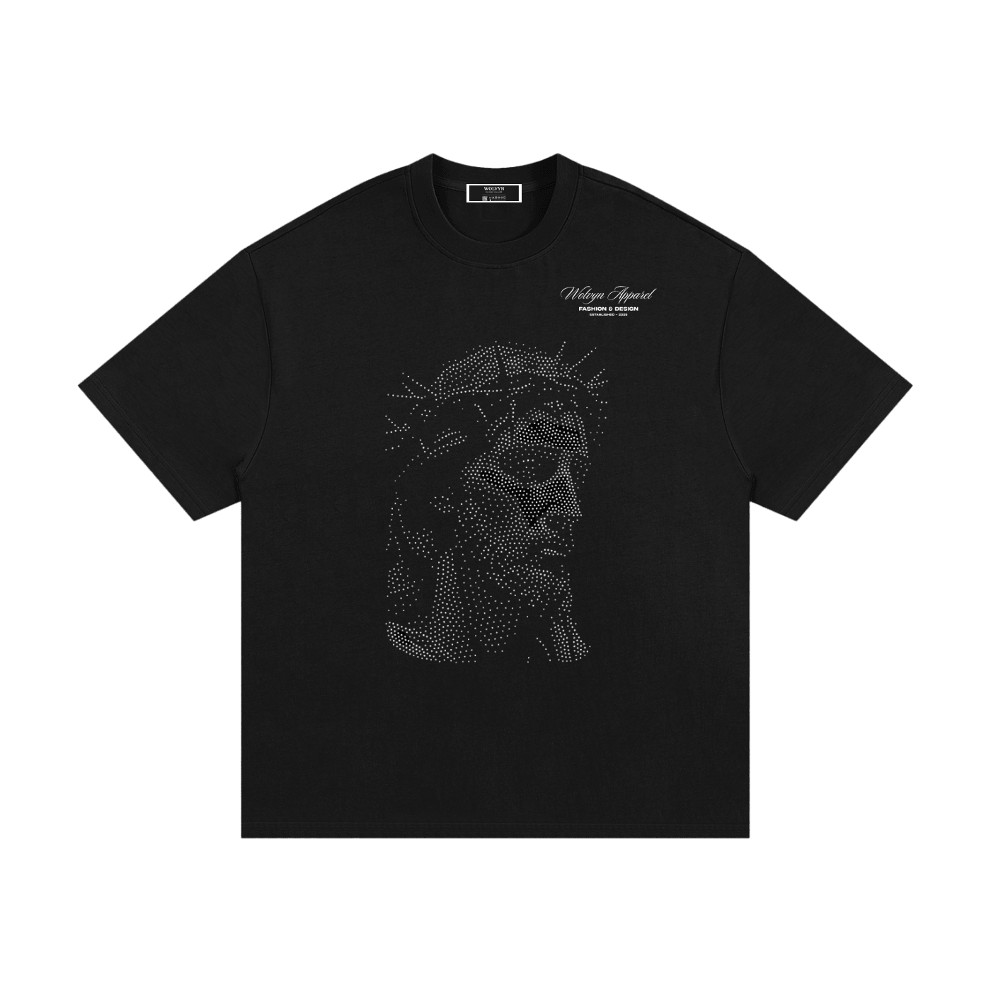 Black heavyweight t-shirt with dotted graphic of crowned figure and minimalist text design