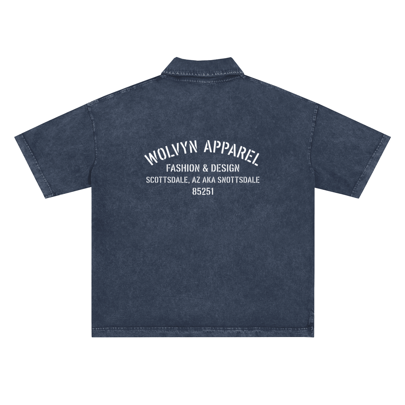 Heavyweight snow washed navy polo T-shirt with white back text and short sleeves