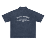 Heavyweight snow washed navy polo T-shirt with white back text and short sleeves