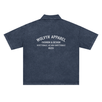 Heavyweight snow washed navy polo T-shirt with white back text and short sleeves