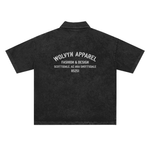 Heavyweight snow washed black polo t-shirt with bold white back text and short sleeves