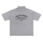 Heavyweight snow washed gray polo T-shirt with black back text and short sleeves