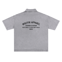 Heavyweight snow washed gray polo T-shirt with black back text and short sleeves