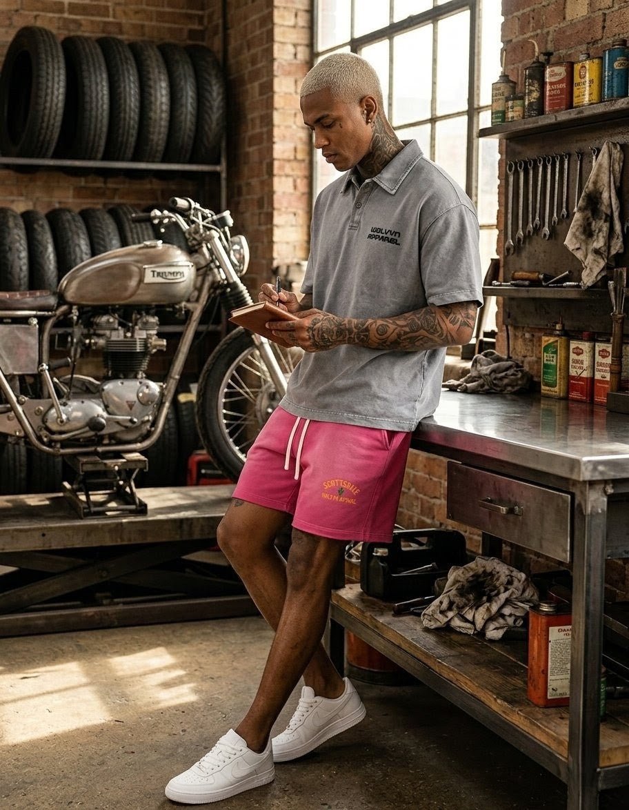 Man in a grey heavyweight snow-washed polo t-shirt and pink shorts, standing in a garage workshop next to a Triumph motorcycle, taking notes.
