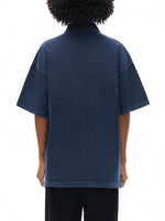 Back view of heavyweight snow washed navy blue polo t-shirt with short sleeves