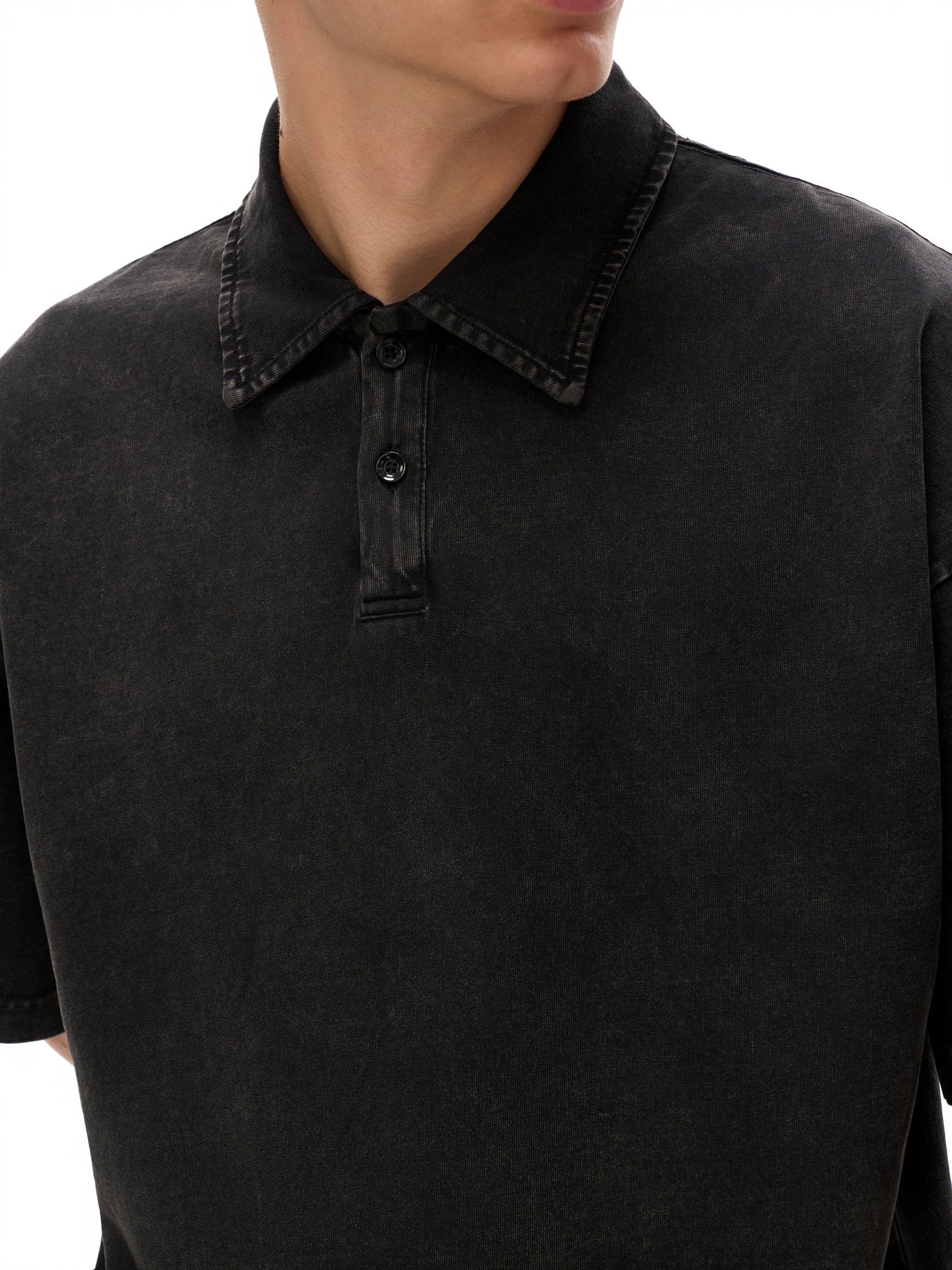 Heavyweight black snow washed polo T-shirt with button placket, streetwear style