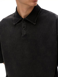 Heavyweight black snow washed polo T-shirt with button placket, streetwear style