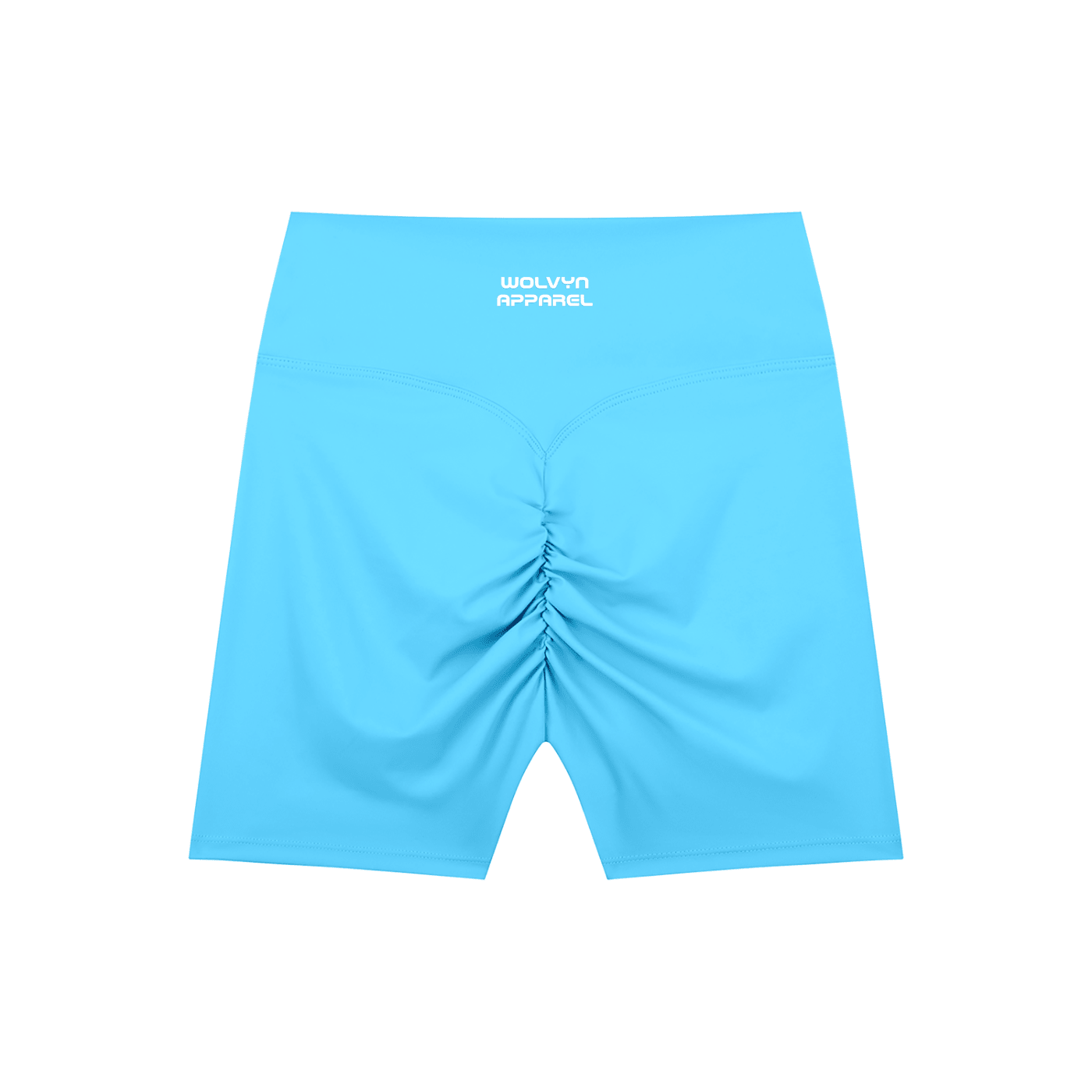 Light blue high-waisted blend biker shorts with ruched back and white logo print