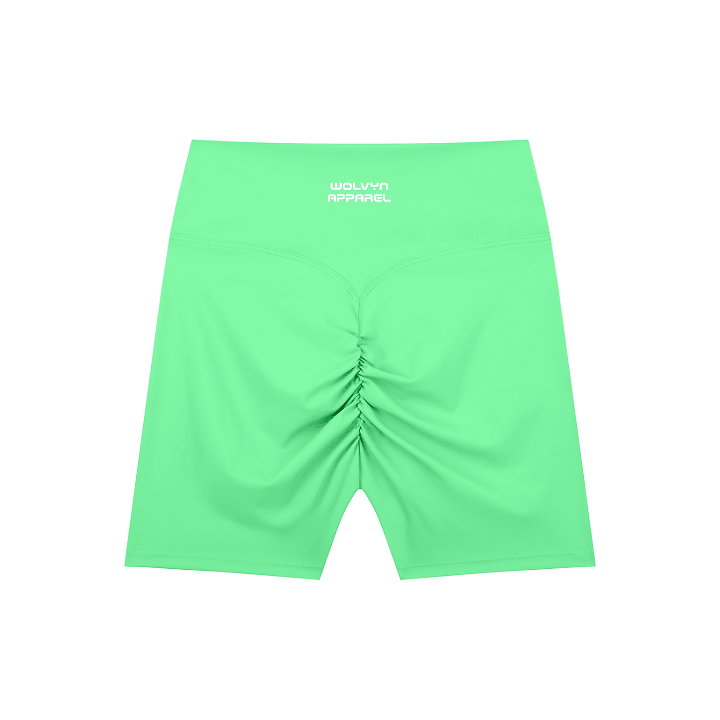 High-waisted green biker shorts with ruched back and white logo on waistband
