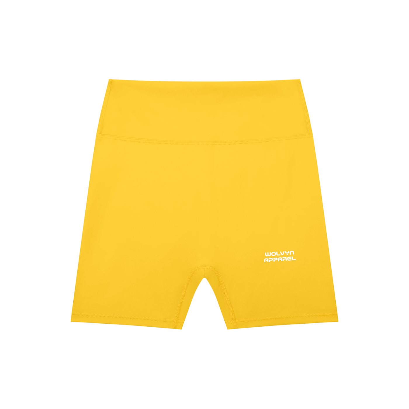 Yellow high-waisted biker shorts with white text on left leg, flat lay on white background