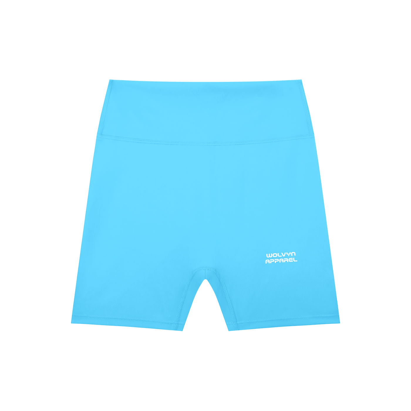 Bright blue high-waisted biker shorts with logo, athletic stretch fit on white background