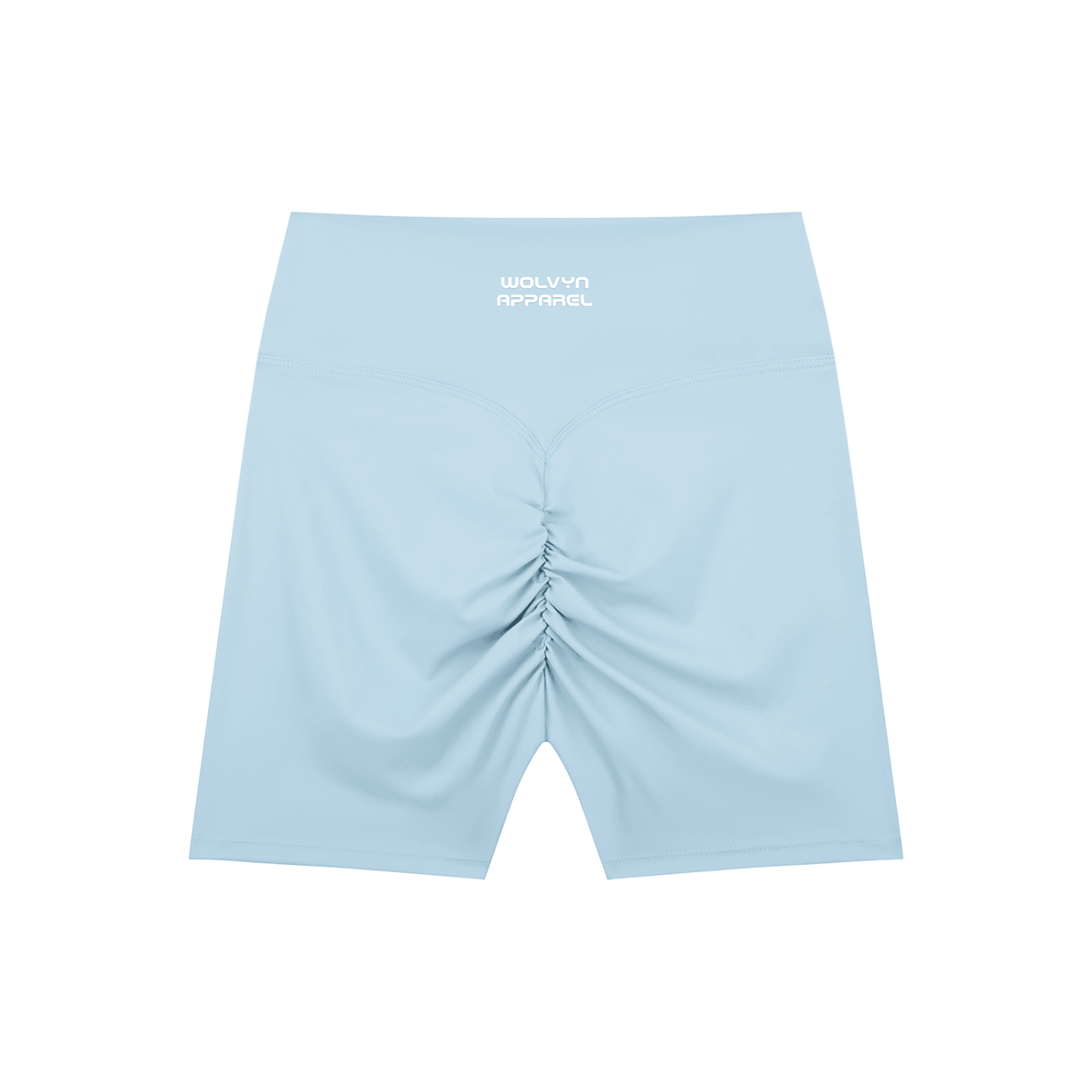 Light blue high-waisted biker shorts with ruched back and white text on waistband