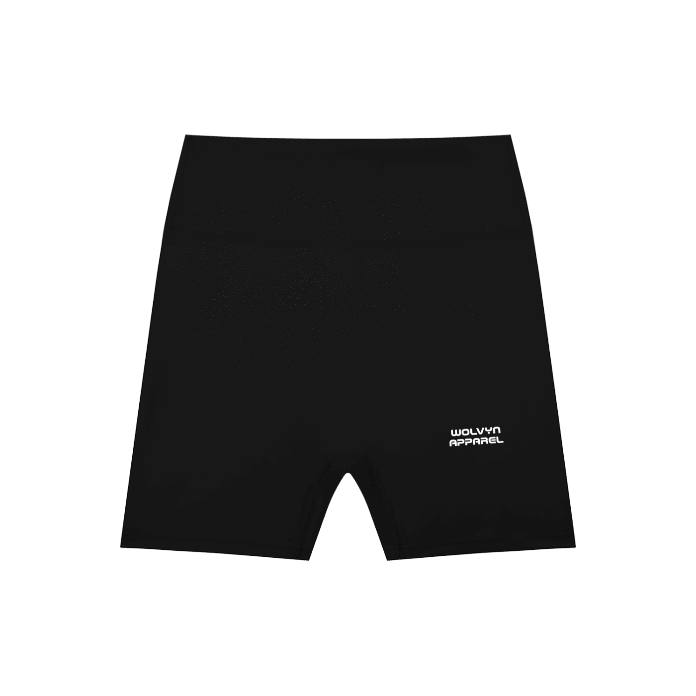 Black high-waisted biker shorts with white logo on front left leg, flat lay