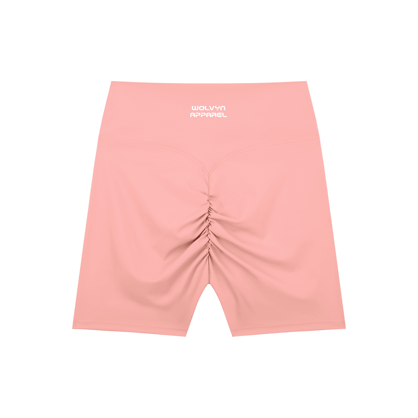 High-waisted pink biker shorts with ruched back and logo waistband, athletic wear