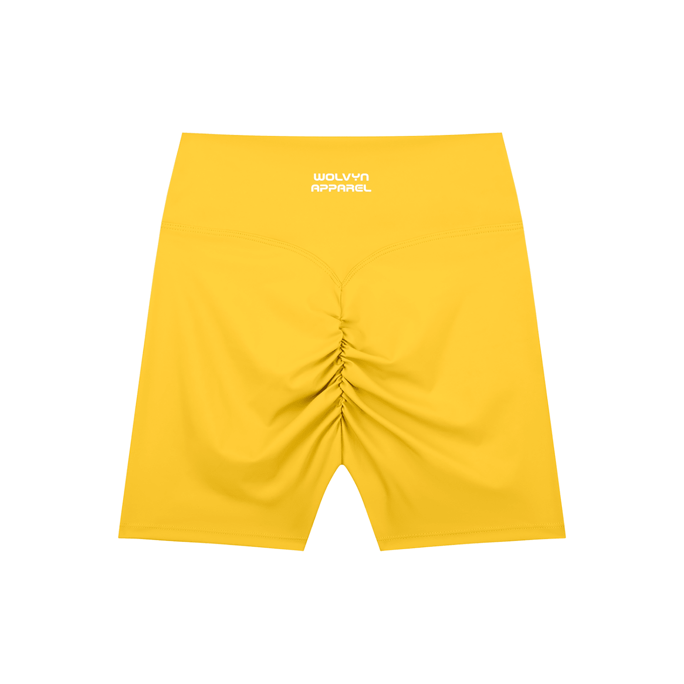 Yellow high-waisted biker shorts with ruched seam and white logo on waistband