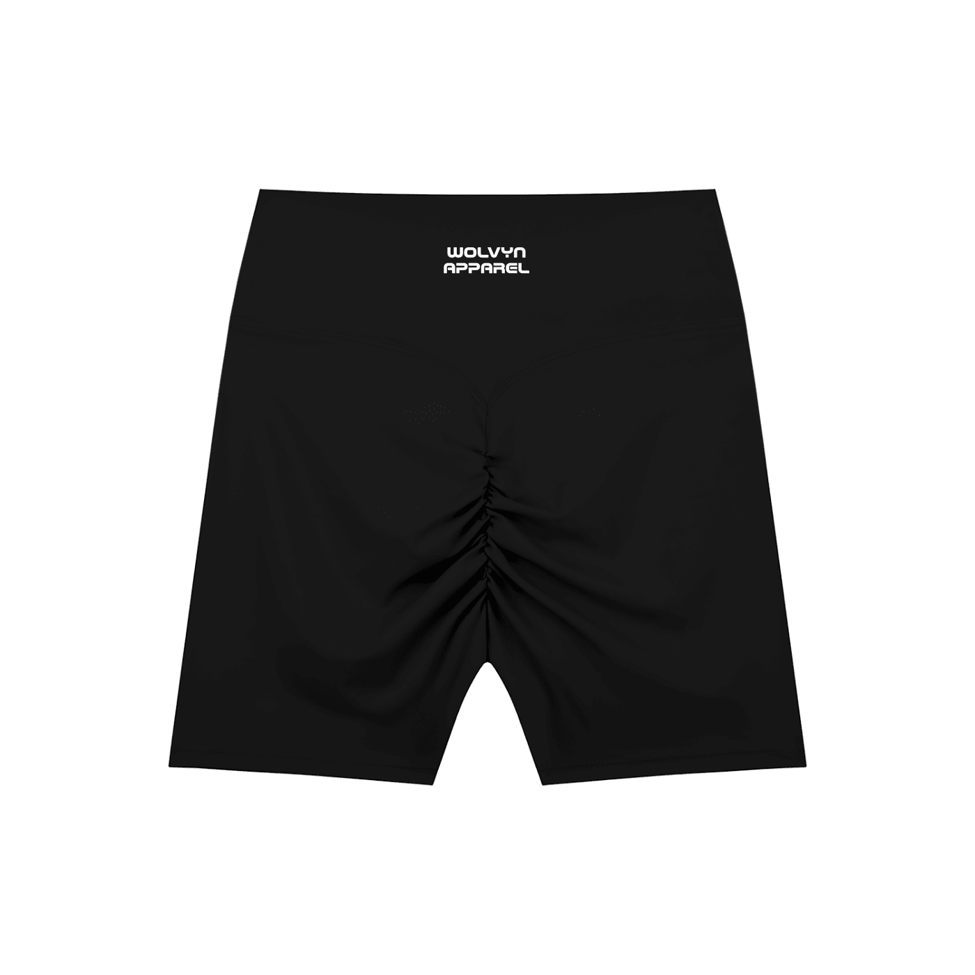 Black high-waisted biker shorts with ruched back and white logo on waistband