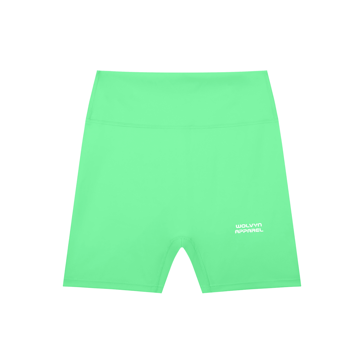 High-waisted green biker shorts with subtle logo on the front, athletic apparel