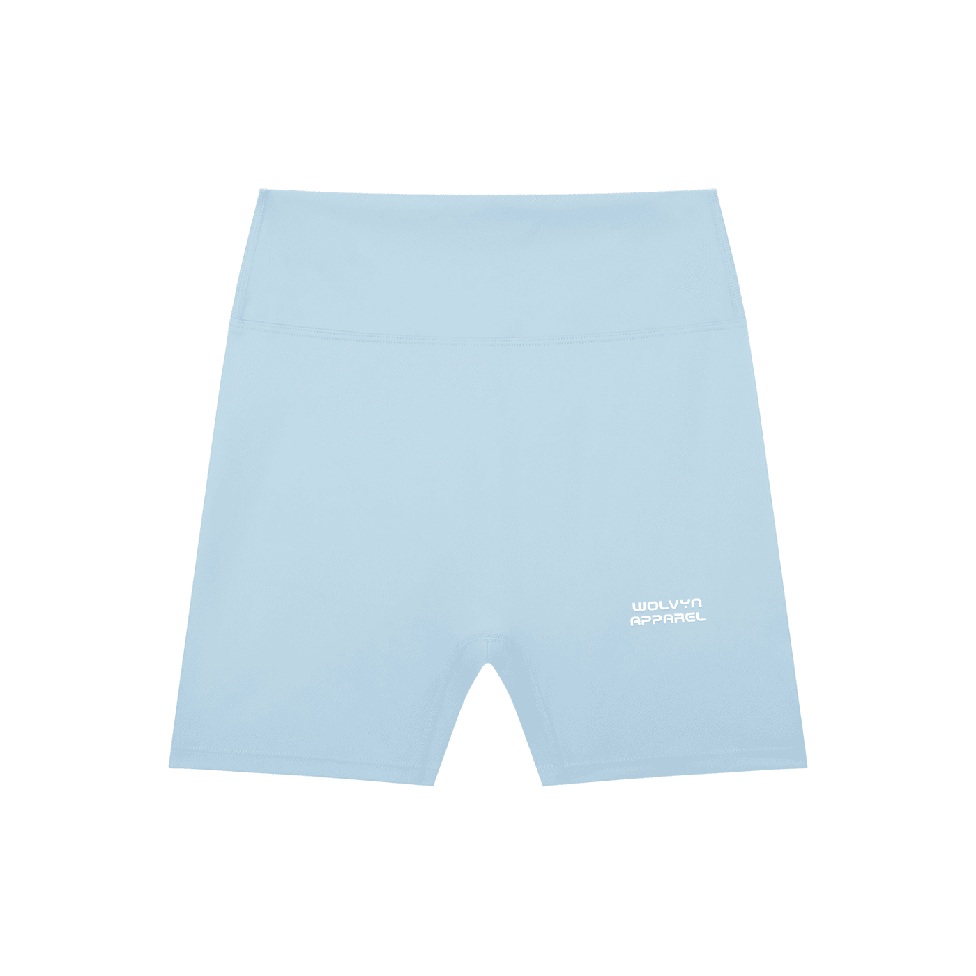 Light blue high-waisted biker shorts with white logo, minimalist athletic style