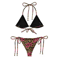 Leopard print string bikini with black triangle top and pink script accents, front view