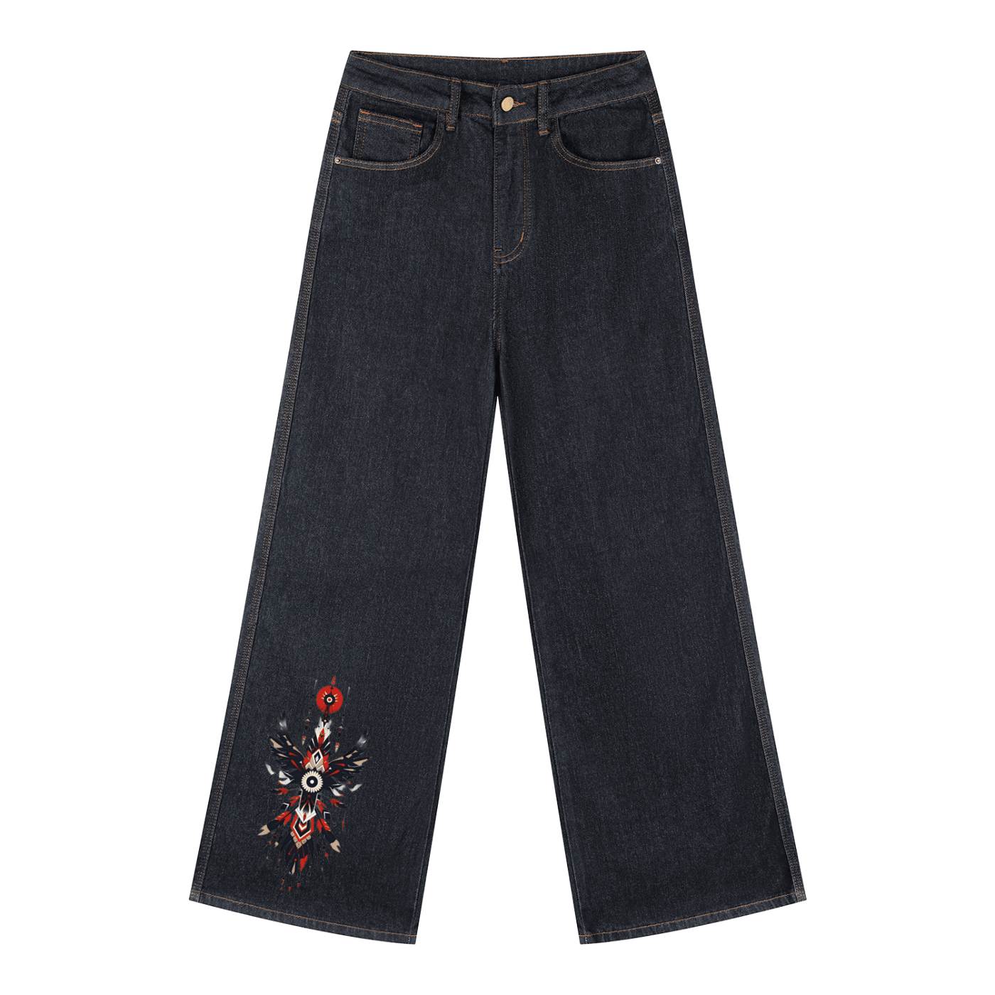 Women's straight leg dark denim jeans with colorful geometric embroidery on left leg