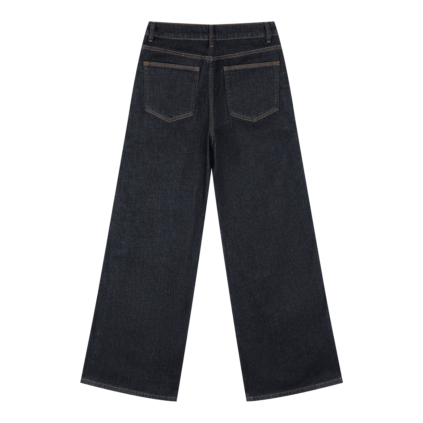 Back view of women's straight leg dark denim jeans with two pockets