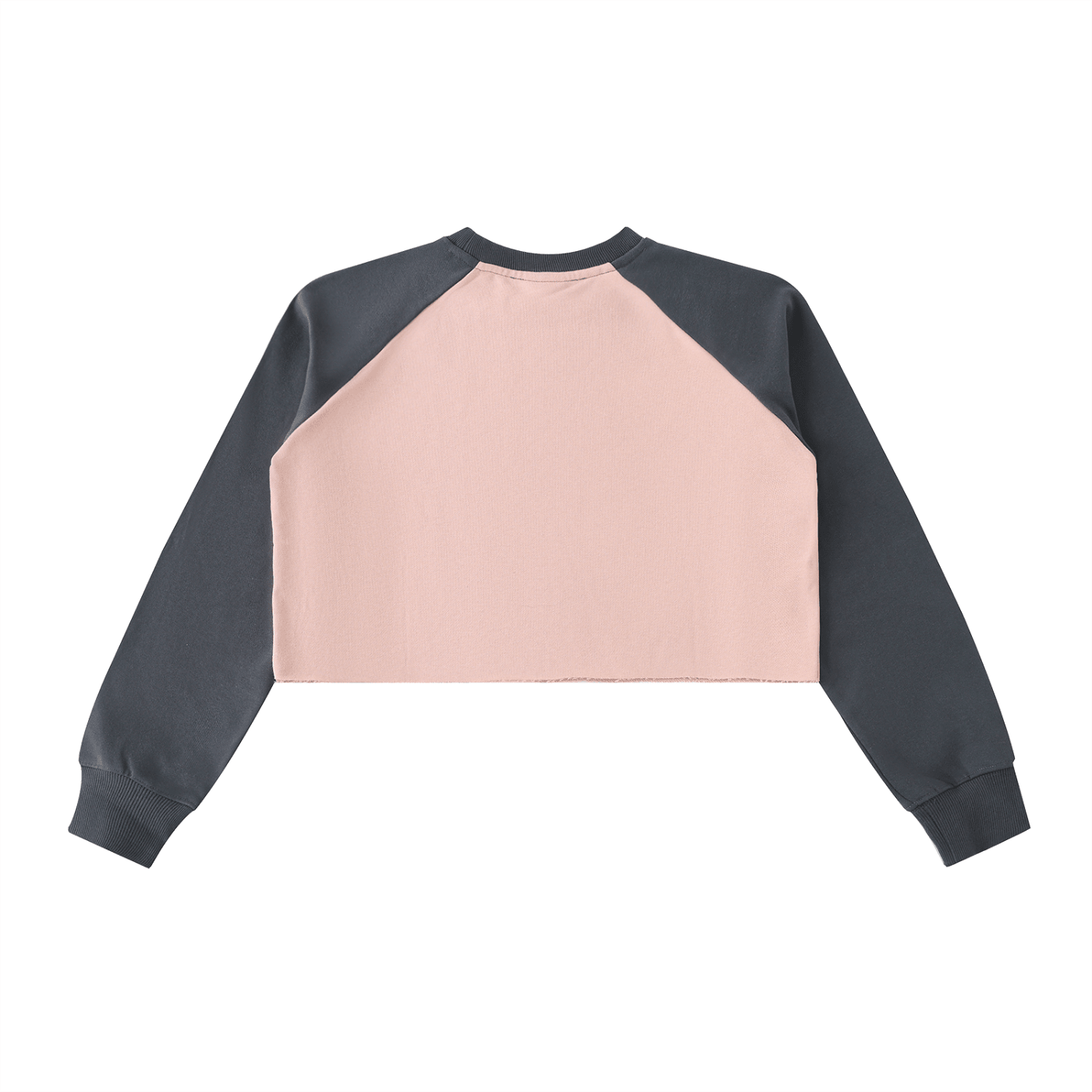 Raw hem color block raglan crop sweatshirt with pink body and dark grey sleeves, back view