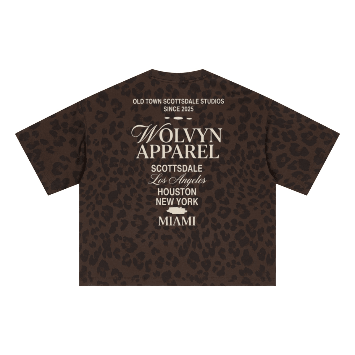 Unisex boxy leopard print t-shirt with city text graphic on back, brown and black streetwear