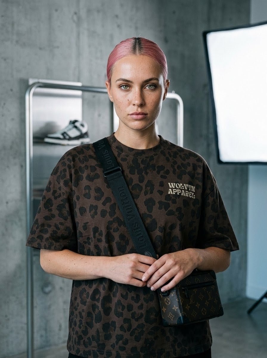 Model wearing brown leopard print unisex t-shirt with boxy fit and small crossbody bag