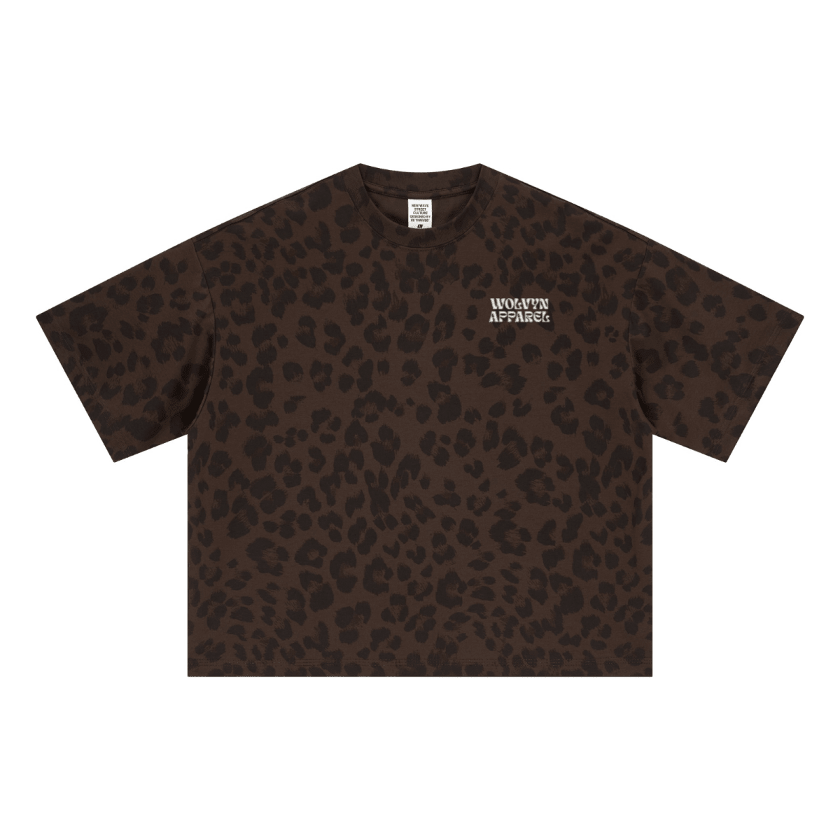 Unisex boxy t-shirt with bold leopard print and loose fit, streetwear style.