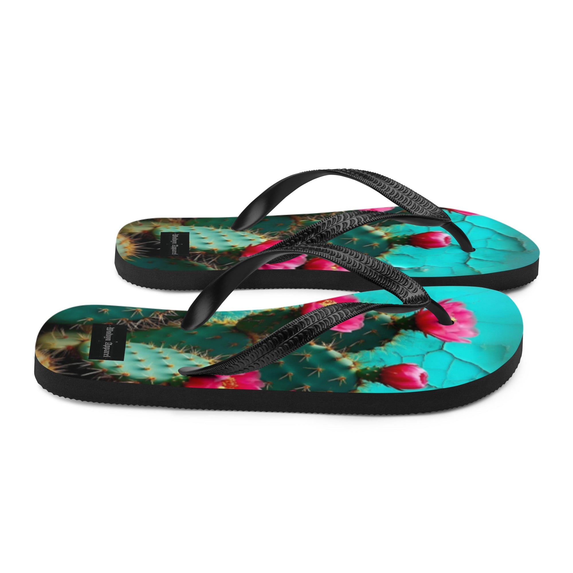 Colorful cactus print flip flops with black straps on a white background
