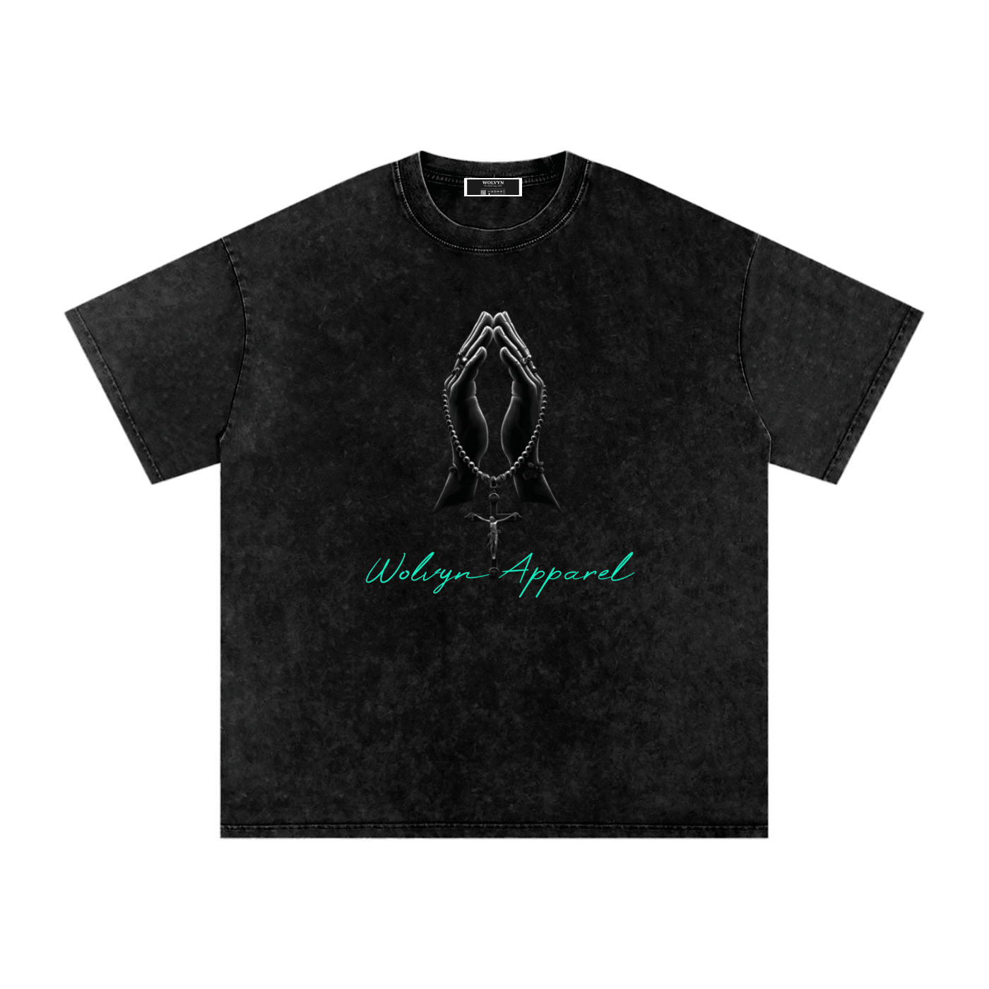 Black snow-washed oversized T-shirt with praying hands and turquoise script logo on front