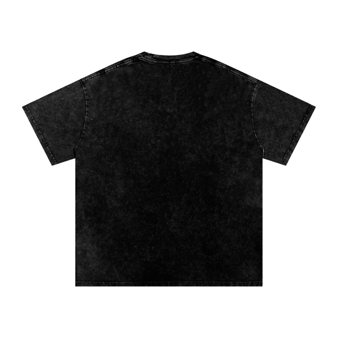 Back of snow washed oversized black cotton t-shirt, heavyweight streetwear style