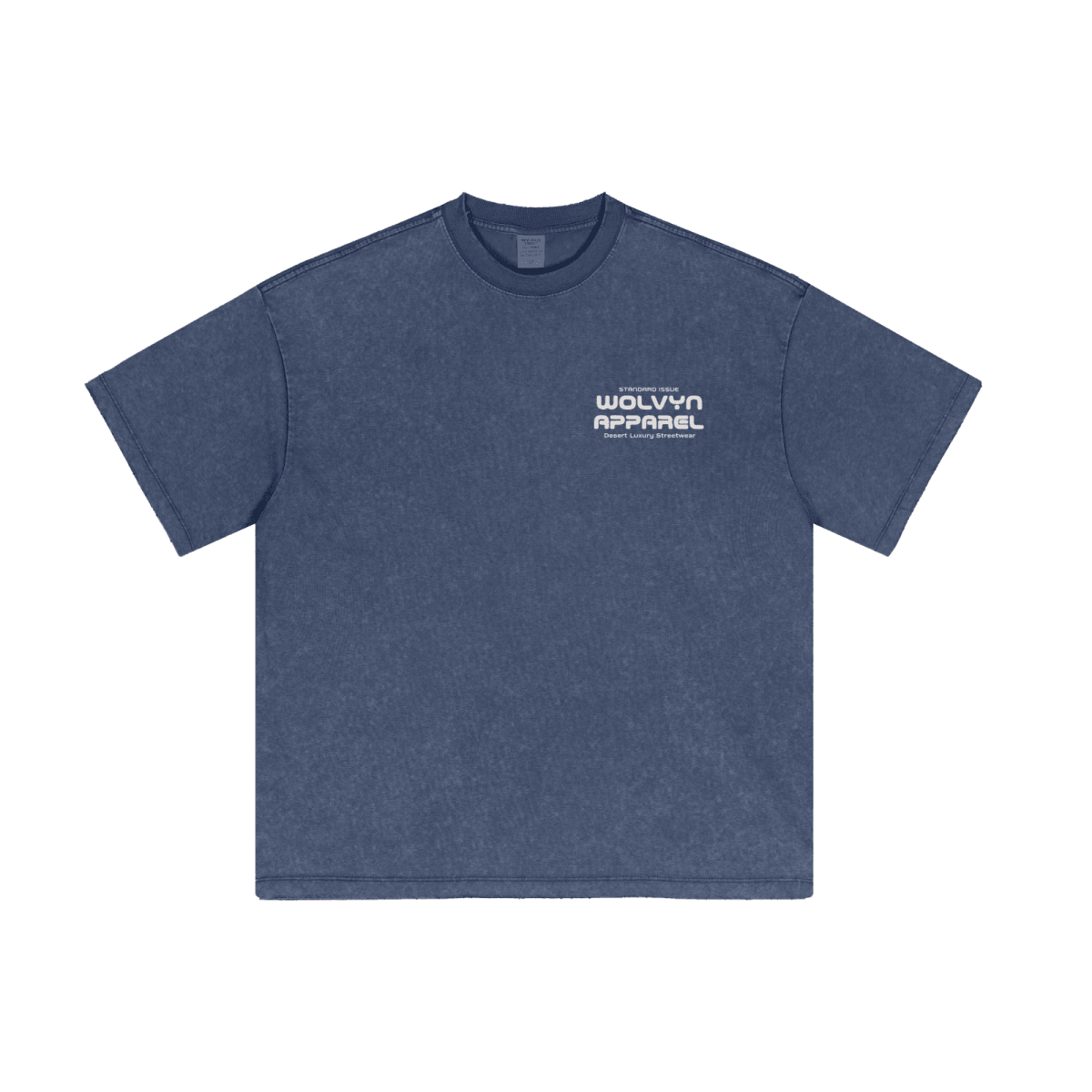 Vintage wash blue loose fit streetwear t-shirt with white chest graphic text