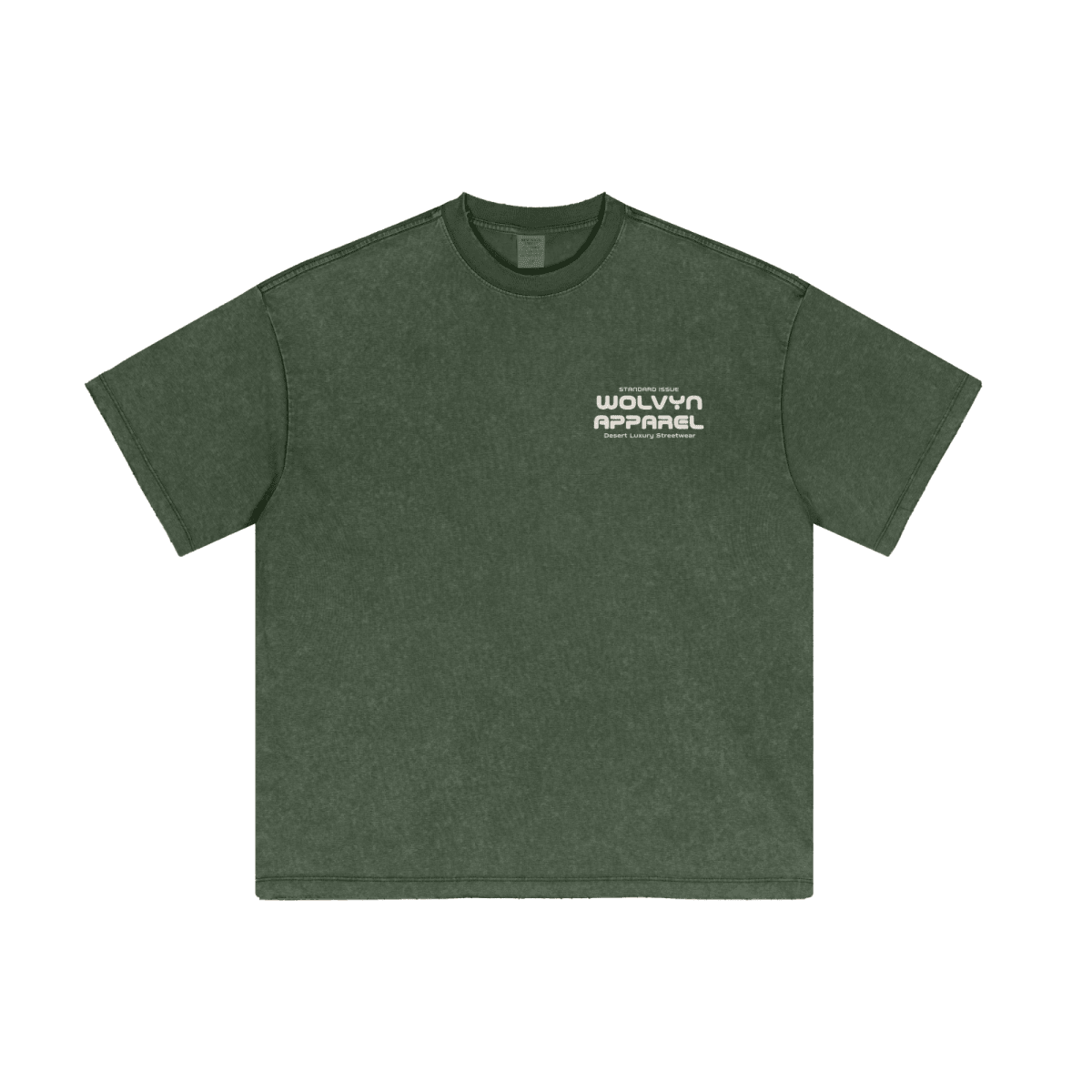 Vintage wash loose fit green t-shirt with front graphic text, streetwear style
