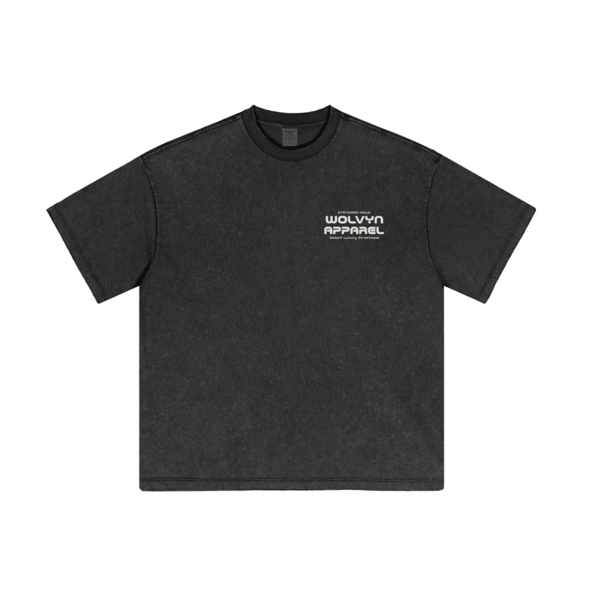 Black vintage wash loose fit T-shirt with small white chest logo, heavyweight streetwear