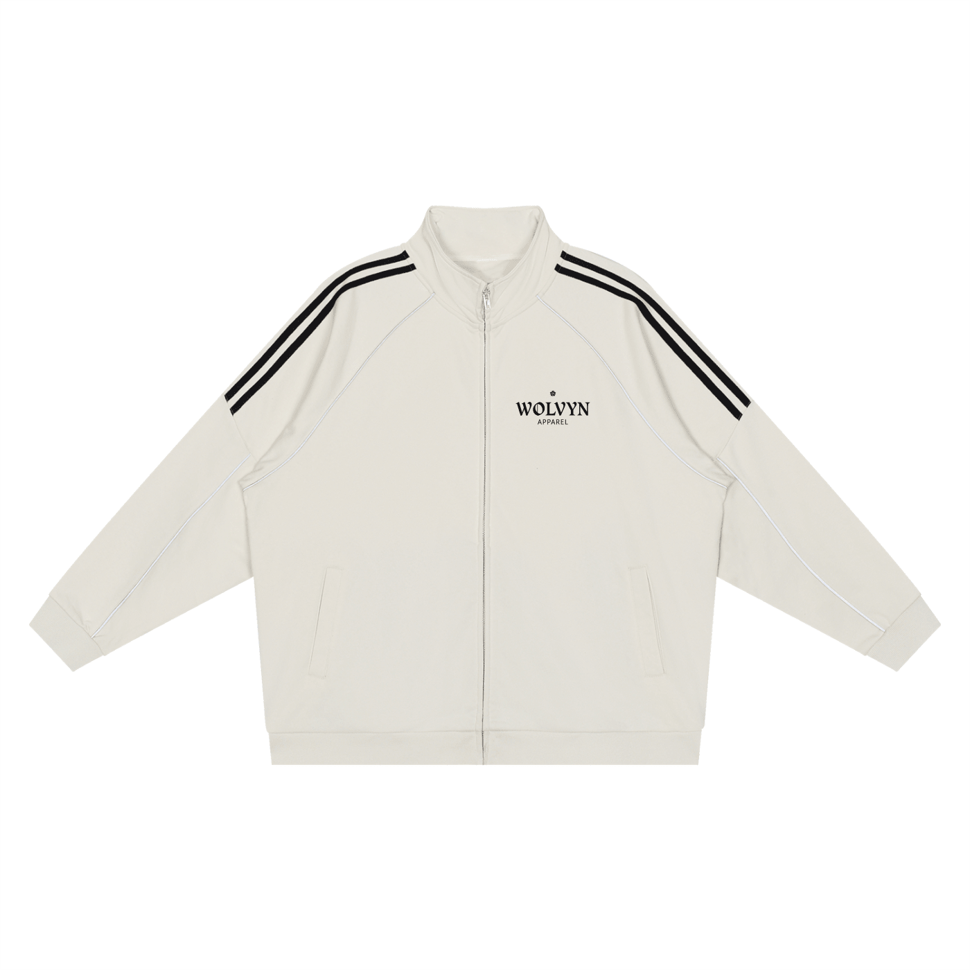 White raglan jacket with black stripes on sleeves and front logo, streetwear style.
