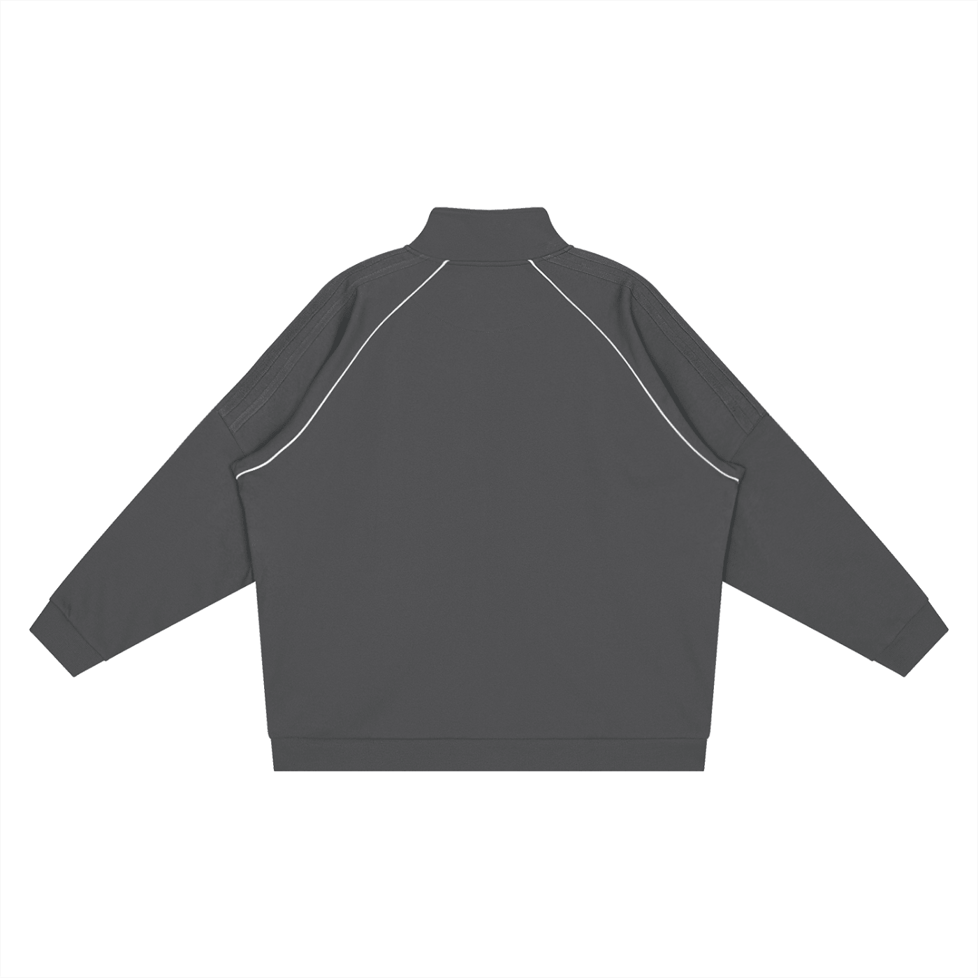 Back view of charcoal gray raglan sleeve jacket with white stripes and stand collar