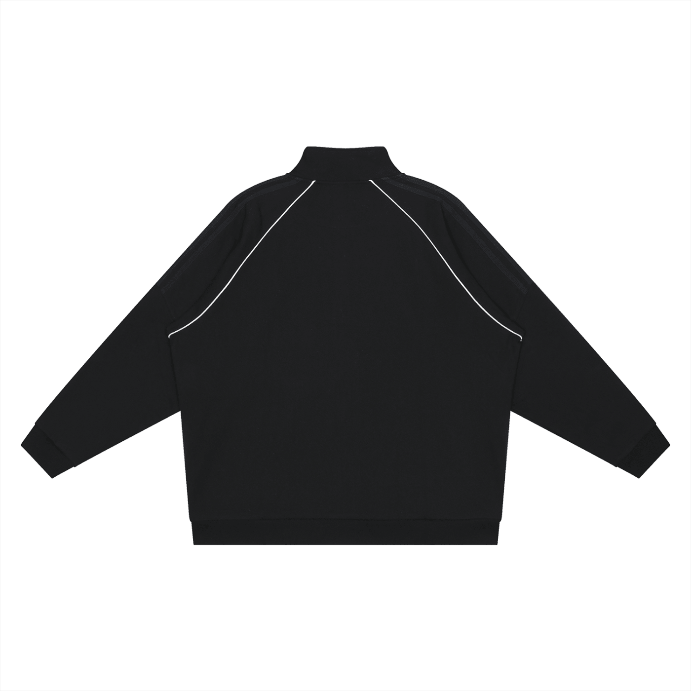 Black raglan sleeve jacket with white reflective stripes, back view, streetwear style