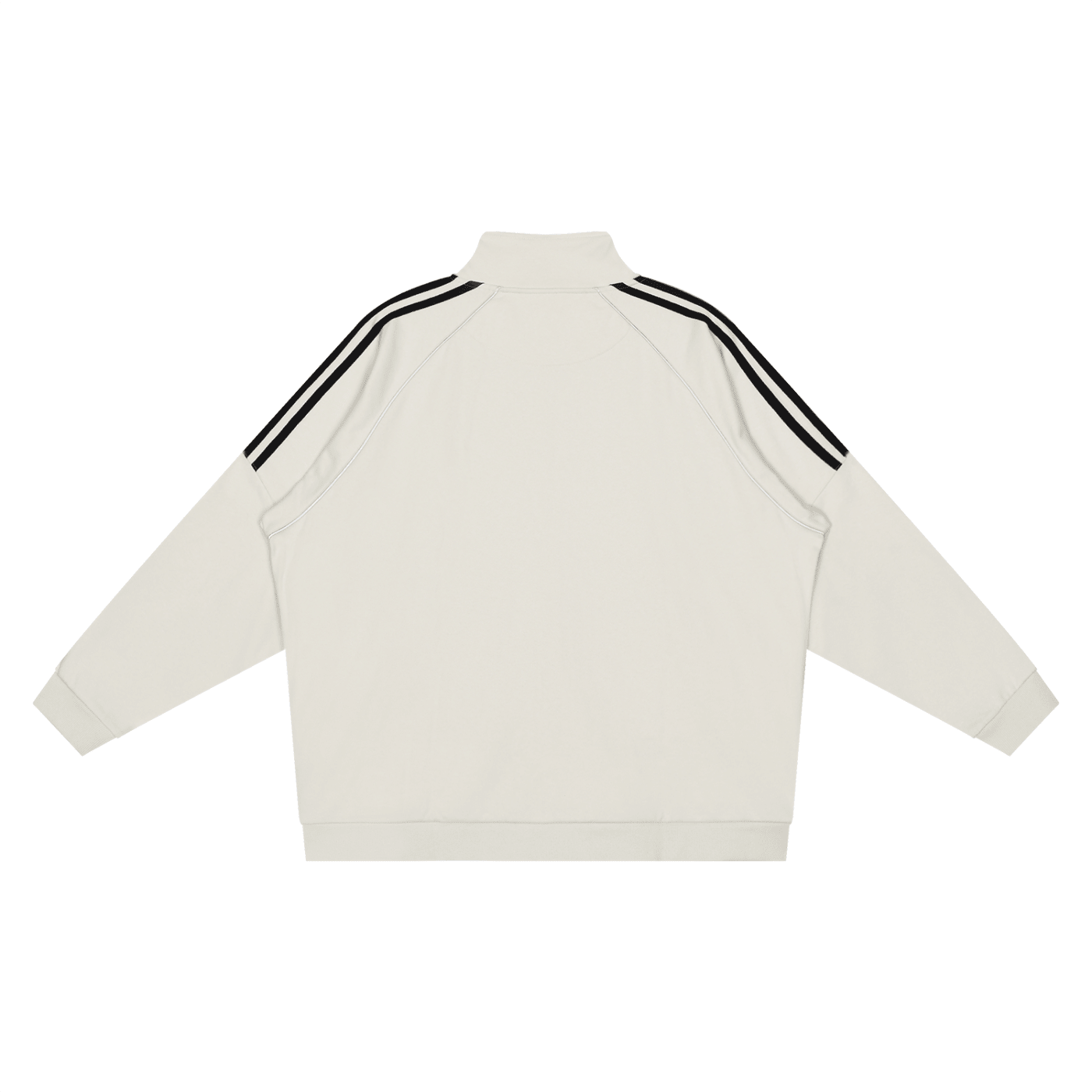 Back view of white raglan sleeve jacket with black striped detailing on shoulders