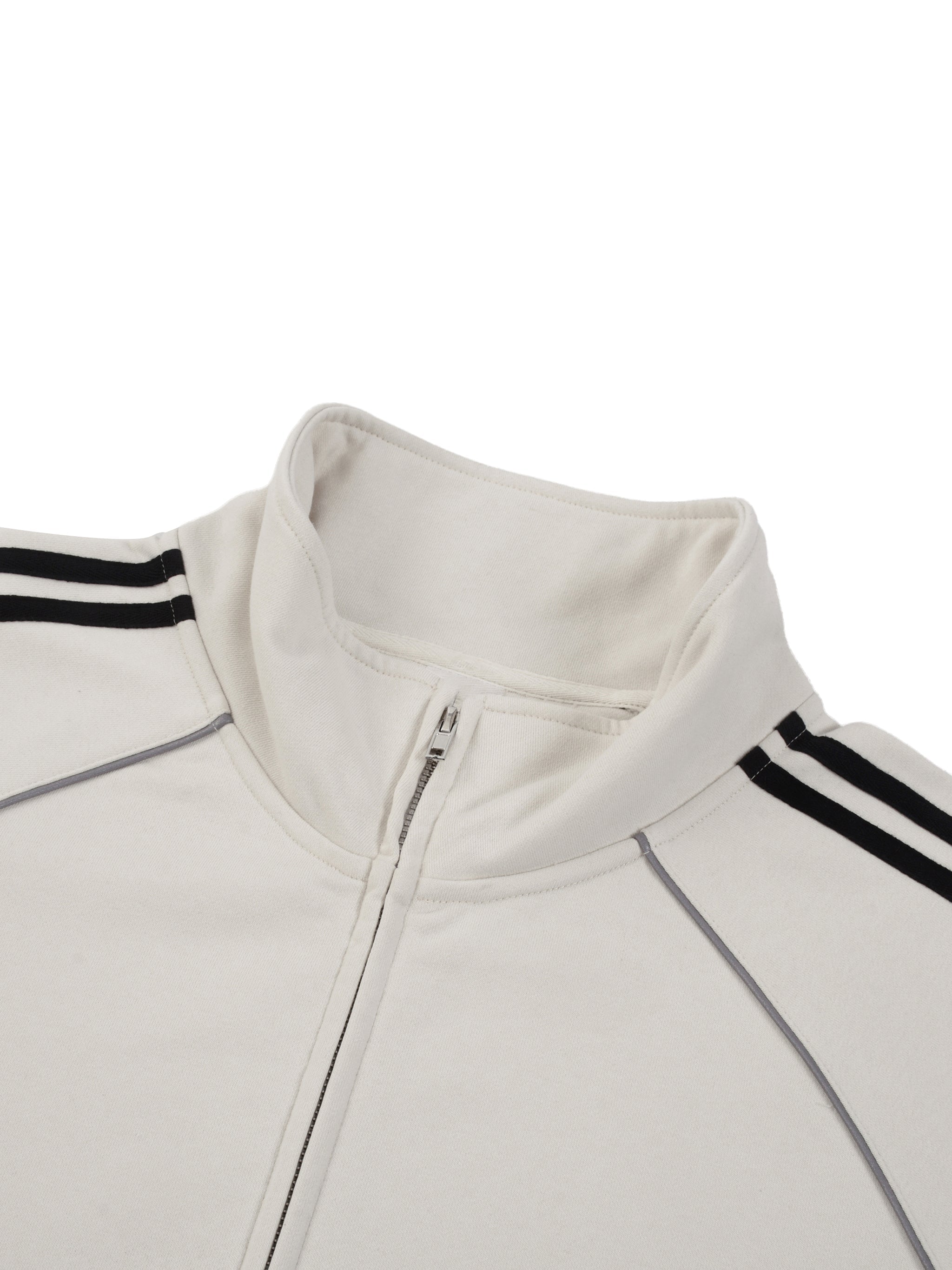 White zip-up raglan sleeve jacket with black stripes and contrast stitching