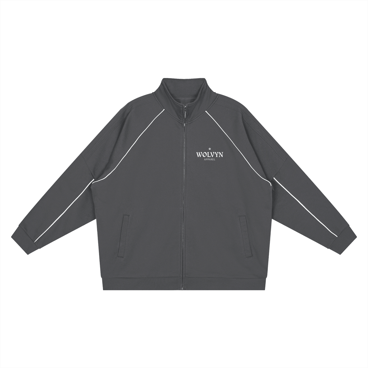 Dark gray raglan sleeve jacket with white piping and zip front, reflective streetwear style