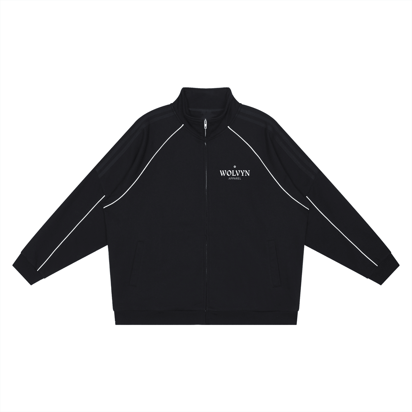 Black raglan sleeve jacket with white reflective stripes and front zipper