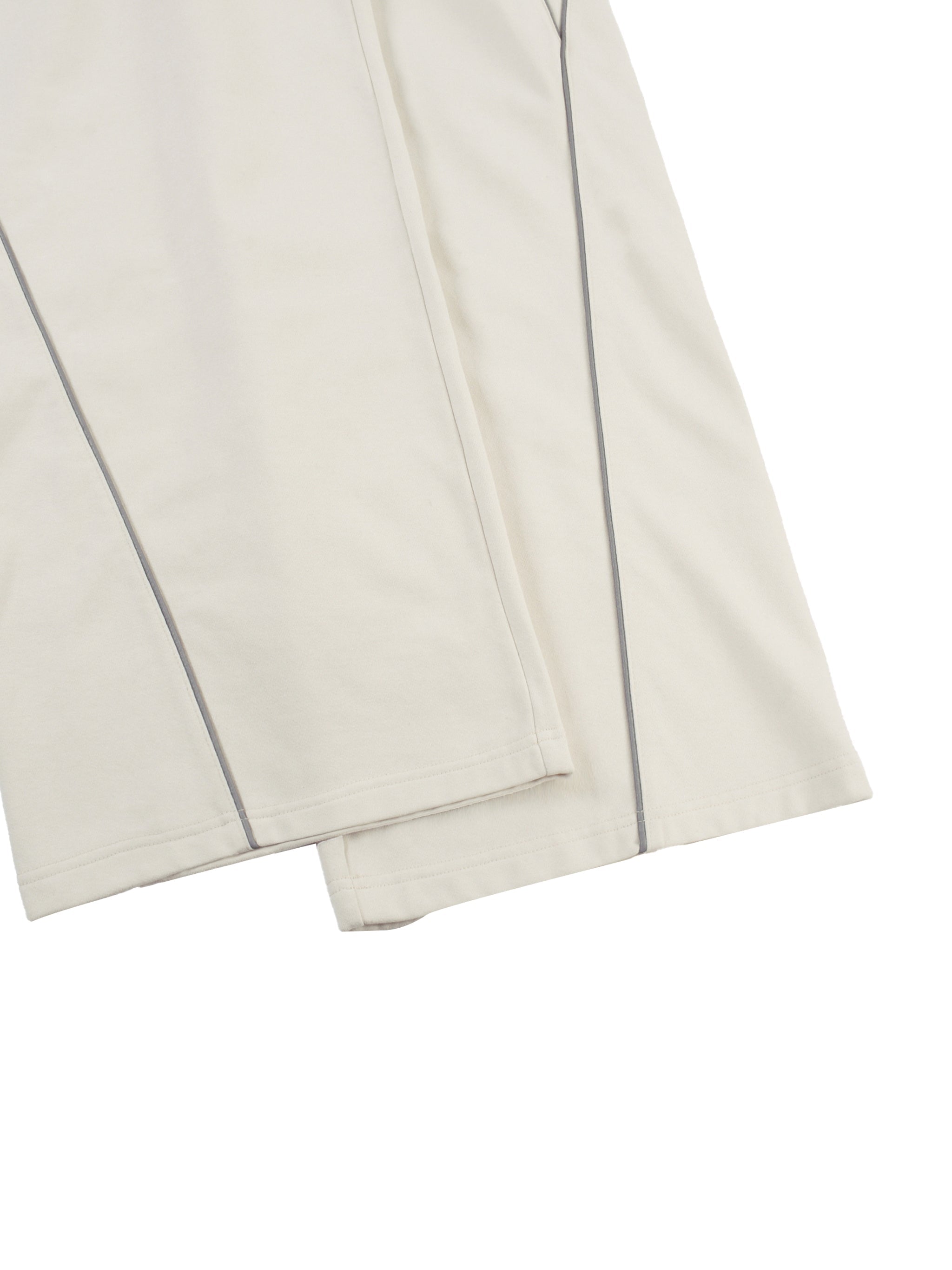 Beige straight-leg sweatpants with vertical reflective stripes, heavyweight streetwear