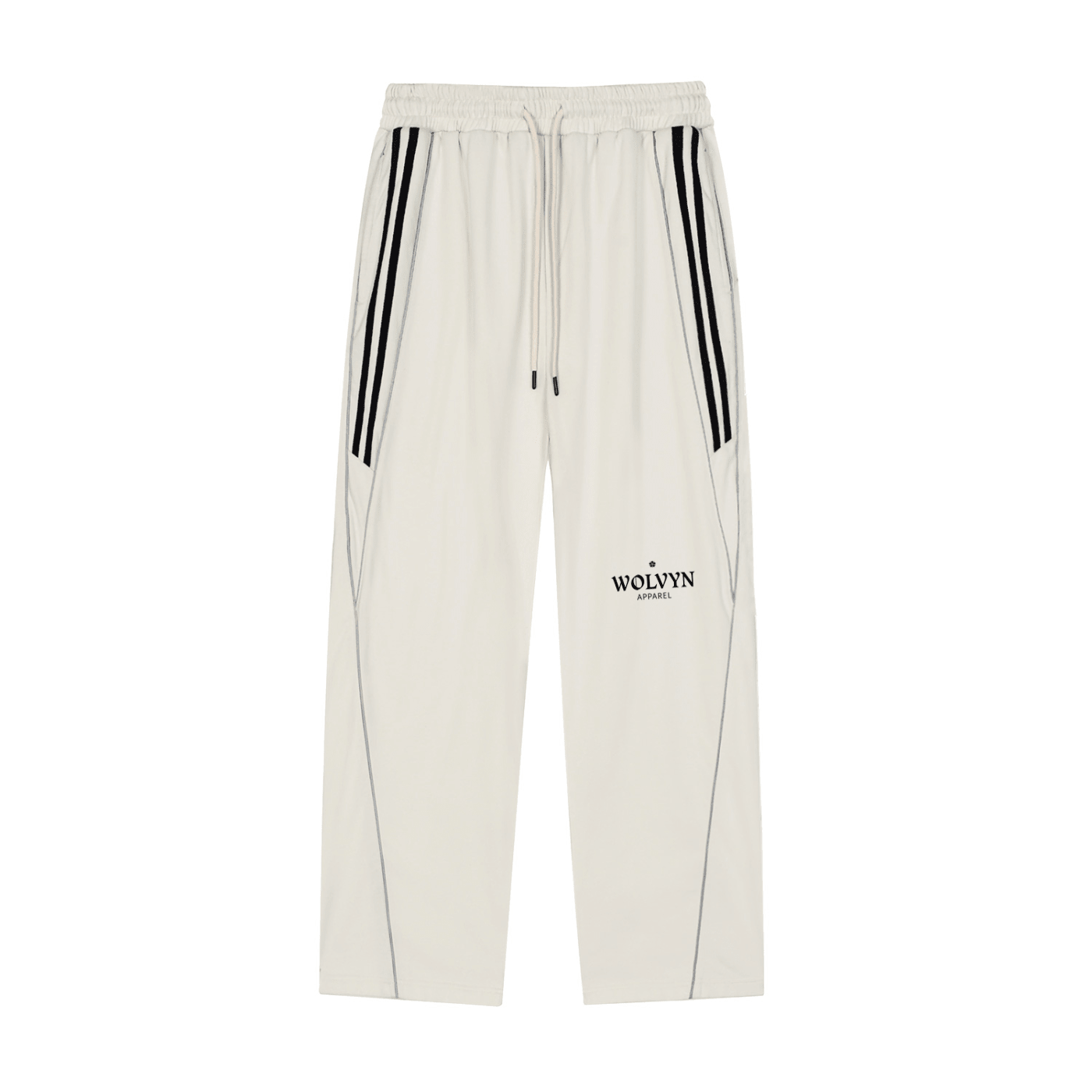 White straight-leg sweatpants with black stripes and front logo, elastic waist, and drawstring