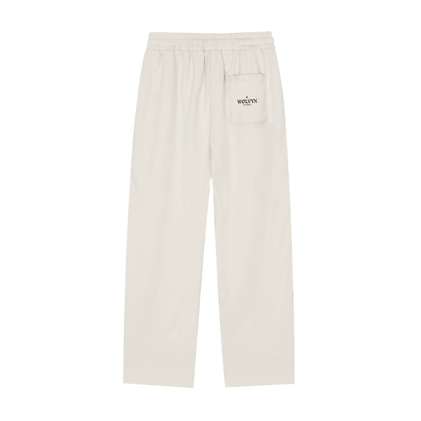 Beige straight-leg sweatpants with elastic waist and back pocket featuring small text logo.